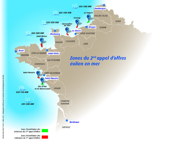 Carte du second appel d'offre français dans l'éolien offshore